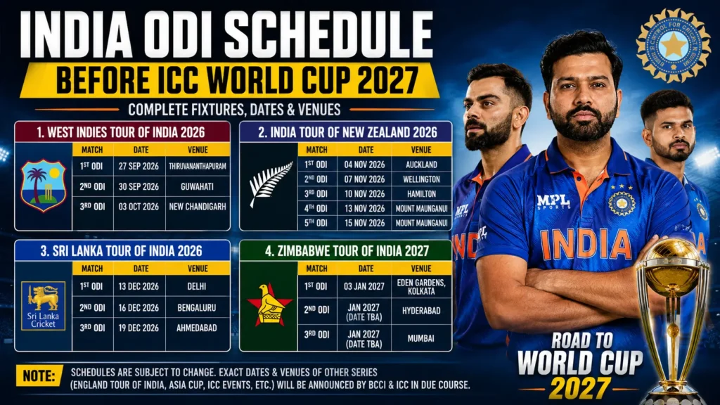 India ODI Schedule Before ICC World Cup 2027: Full Fixtures, Dates, Venues & Upcoming Series